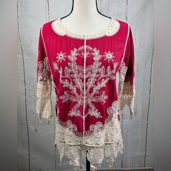 NWT Ultra Pink Red Embroidered Lace Trim Top 100% Cotton Rayon - Picture 1 of 10